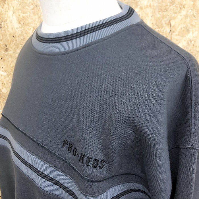 PRO-KEDS プロケッズ 2L メンズ スウェットシャツ トレーナー 裏起毛 カットソー ボーダー ロゴ刺繍 丸首 長袖 ポリエステル×綿 グレー系の画像2