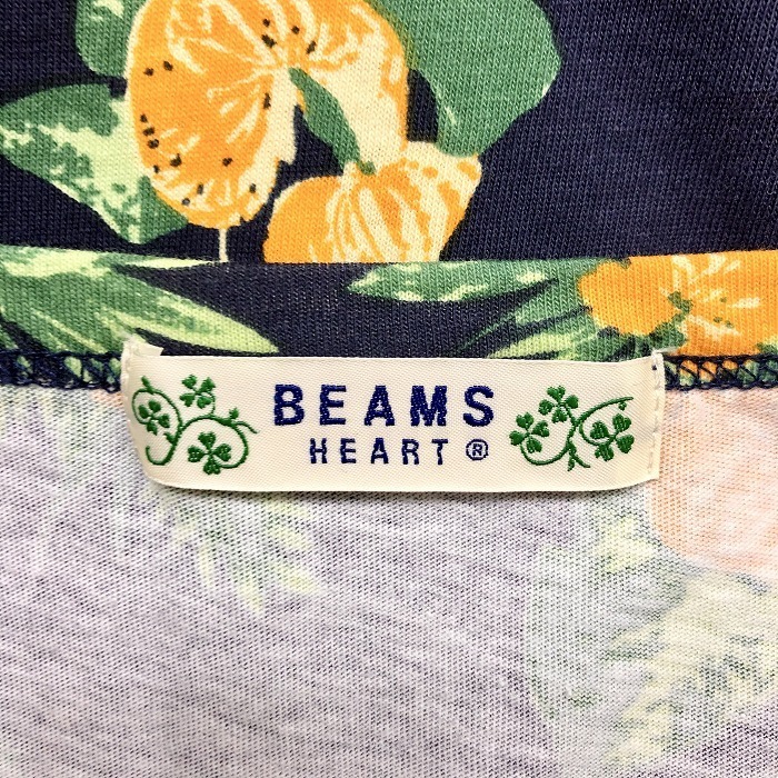 BEAMS HEART ビームスハート - レディース Tシャツ トロピカル柄 パイナップル ハイビスカス 半袖 綿100% ネイビー×グリーン×オレンジ??