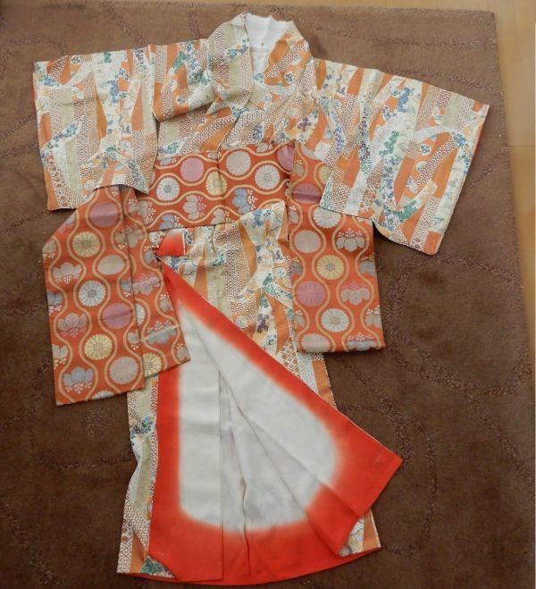 女性用！オレンジ系の着物＆帯の2点セット/レディース/身長約160㎝の人が着用