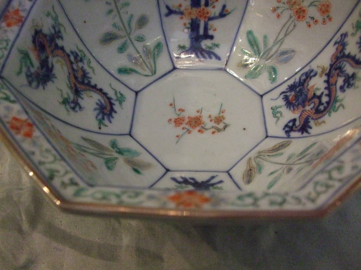 □古伊万里 色絵 柿右衛門 花・双馬・龍紋 八角形 菓子鉢 茶道具 懐石