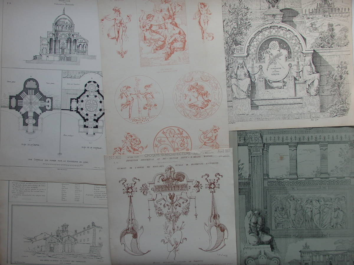 jadis France antique design map 6 pieces set 19 century 1867 year printing construction house drawing design . building design . paper thing rare frame PARIS 7054