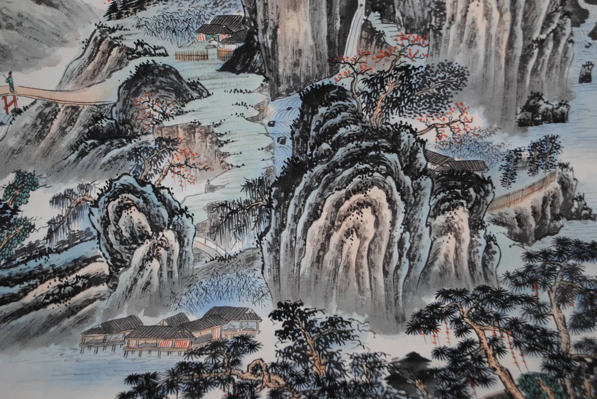 し312 茶道具 掛軸 山水画 蓬莱 書画 和室 床の間飾り 木製軸 日本画 秘境 詳細写真複数あり_画像8