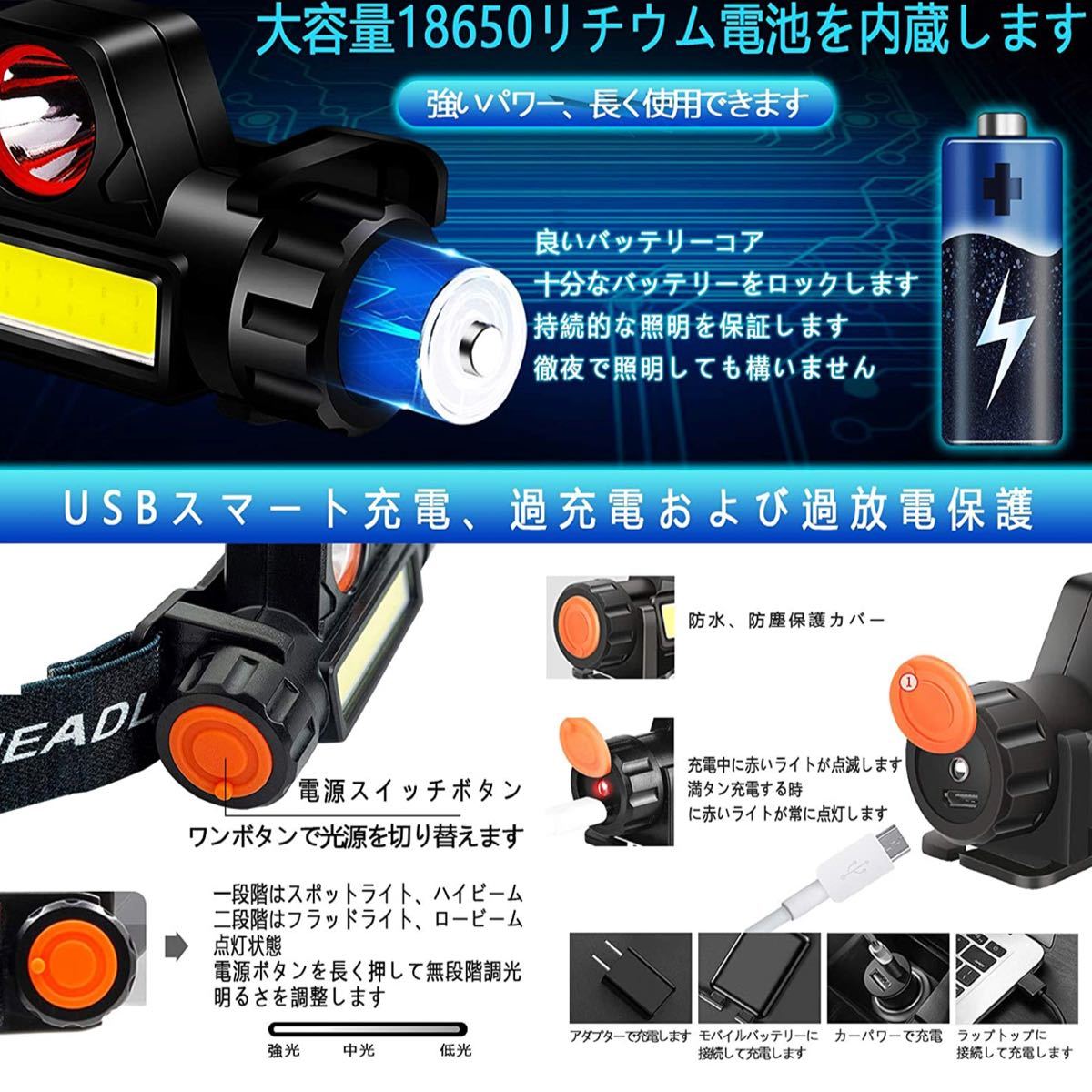 LEDヘッドライト2個セット  充電式 ヘッドランプ 高輝度 USB充電