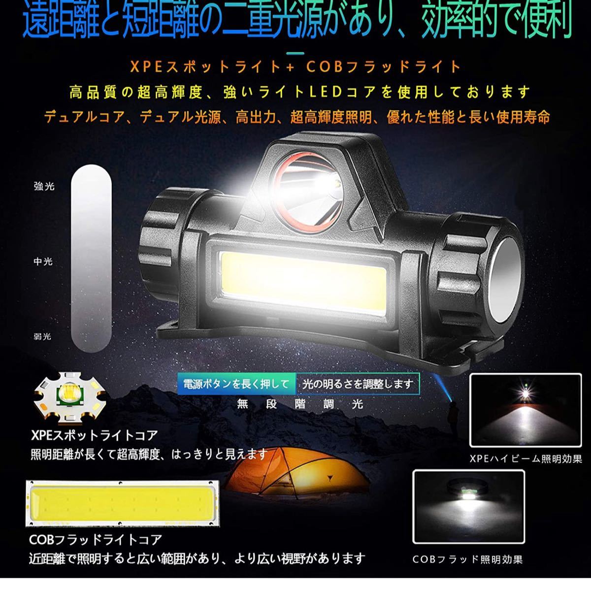 LEDヘッドライト2個セット  充電式 ヘッドランプ 高輝度 USB充電