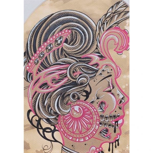 K3407*美品*USA 2011's*メキシカンスカル アート ミクストメディア(パステル,インク,水彩) *ART by タトゥーアーティスト ABALON TATOO