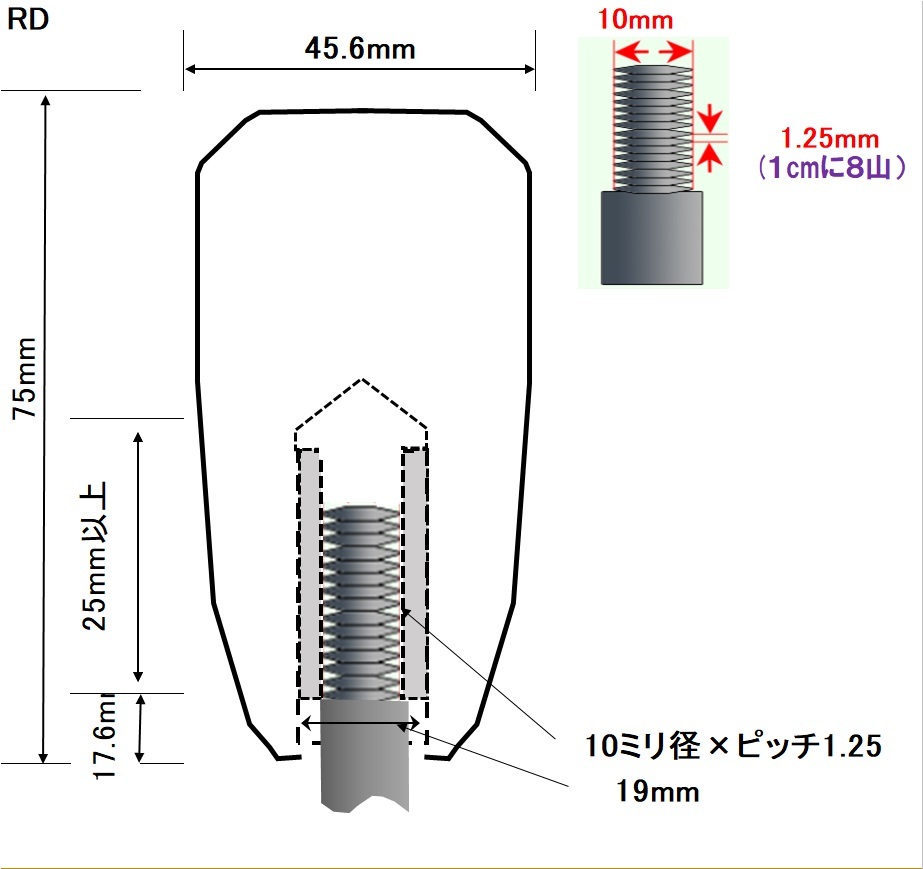 木製シフトノブ(材質：黒柿）10x1.25mm（RD-45.6D75L)_サイズをよく確認して下さい。