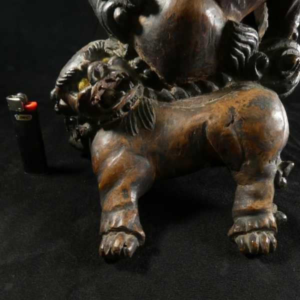 a0312 中国古玩 古い木彫 金彩 迫力ある細工 唐獅子牡丹図 飾り台 検 