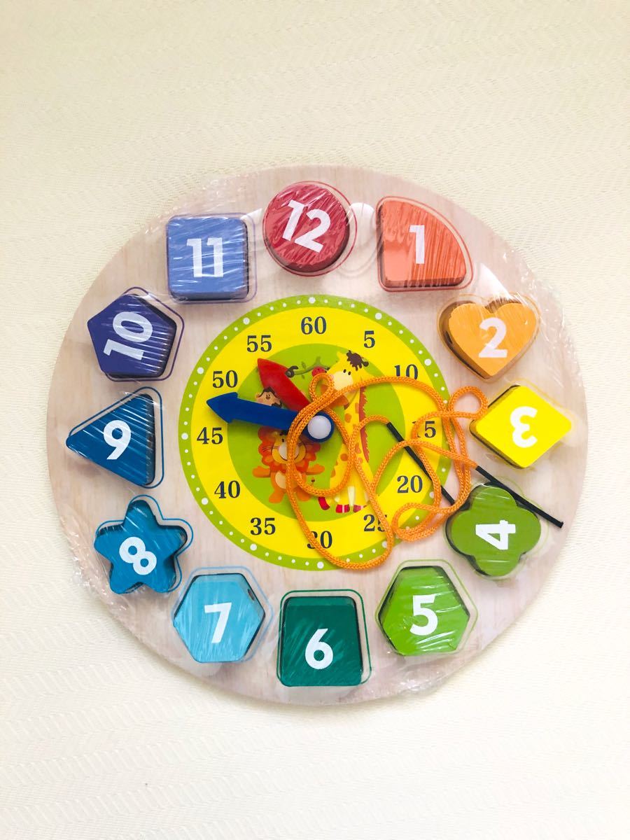 【 木製 】時計パズル 紐とおし モンテッソーリ 木のおもちゃ 知育玩具 時間認識 ブロック 時計 知育 パズル おもちゃ 色認識