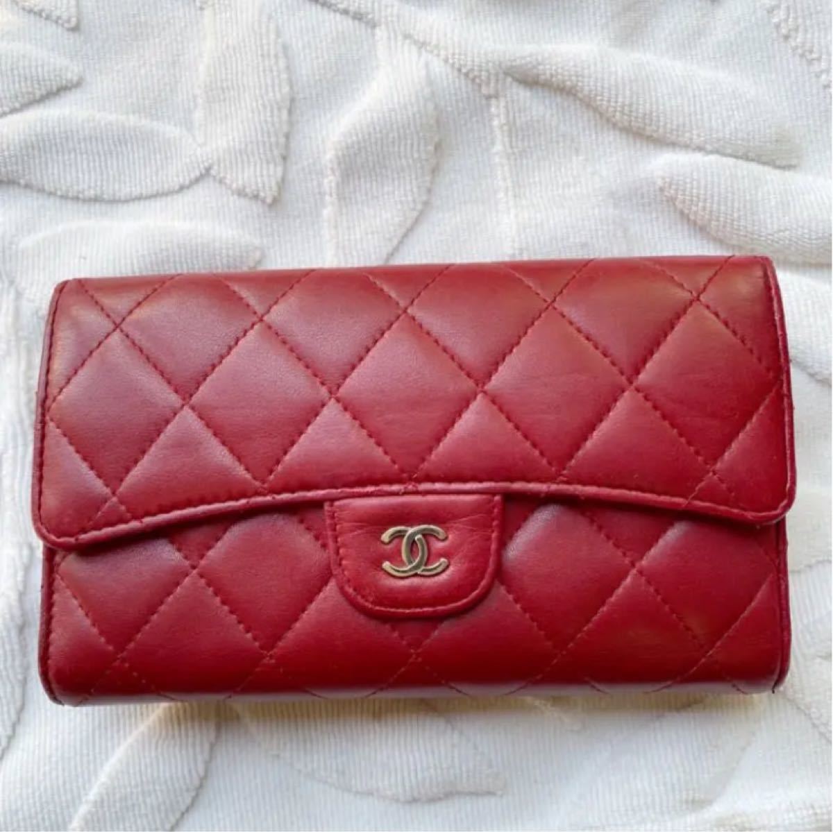 CHANEL 長財布 マトラッセ シャネルマトラッセ 三つ折り レッド 赤