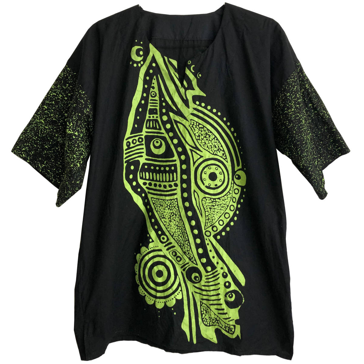 [80\'s Vintage / Africa made ] Spacy & rhinoceros ketelik pull over shirt / black × neon green /neitib/ one point thing (om-212-8)