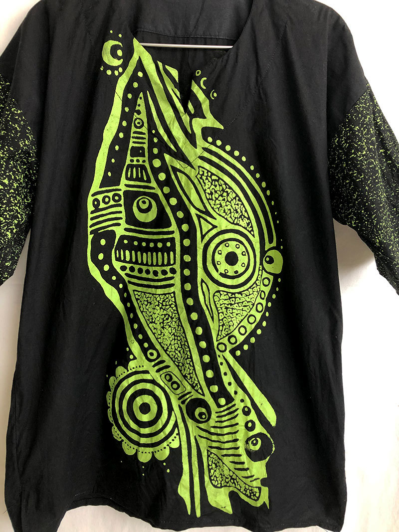 [80\'s Vintage / Africa made ] Spacy & rhinoceros ketelik pull over shirt / black × neon green /neitib/ one point thing (om-212-8)