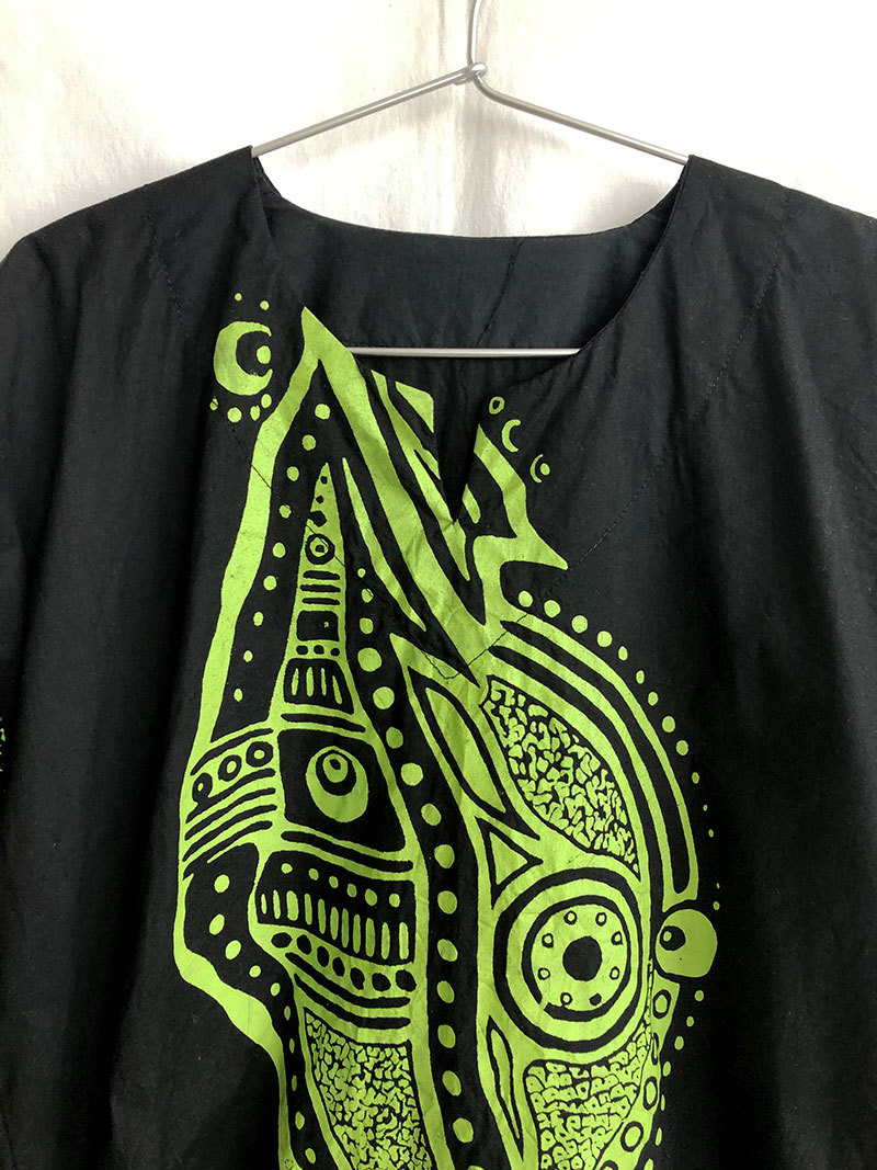 [80\'s Vintage / Africa made ] Spacy & rhinoceros ketelik pull over shirt / black × neon green /neitib/ one point thing (om-212-8)