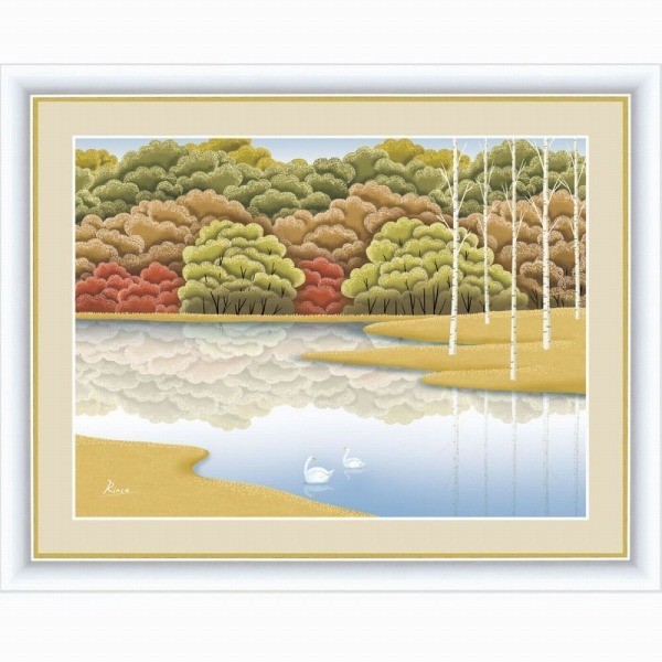 ★送料無料・竹内凛子『湖畔紅染（F6号）』高精彩工芸画 絵画 風景画 森林 水辺 紅葉 白鳥【SAK-G4-CA008-F6】_額装