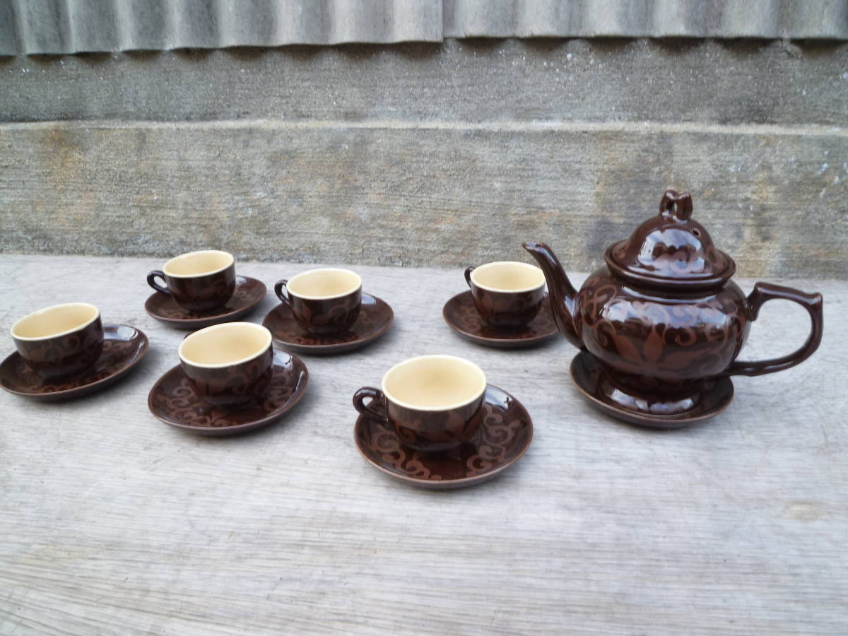 超熱 ティーポット ベトナム陶器 古いバッチャン焼 ビンテージ M7599 カップ ゆうパック80サイズ(0303) battrang ceramics aaa ソーサーSET 東南アジア