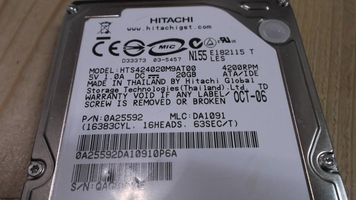 サンキューセール 399円即決 HITACHI製 HDD ２０GB 長期保管品 動作未確認 格安売り切り 激安
