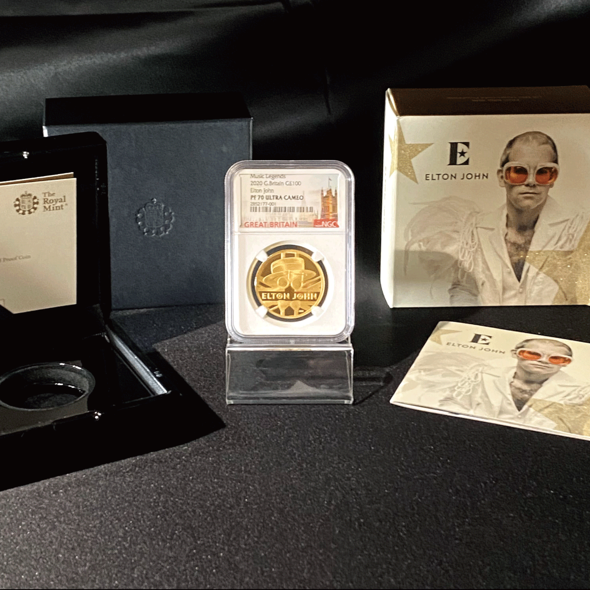 1円スタート♪ 最高鑑定 NGC PF70 2020年 ELTON JOHN エルトン・ジョン 100ポンド 1オンス金貨 箱ケースあり アンティークコイン モダンの画像3