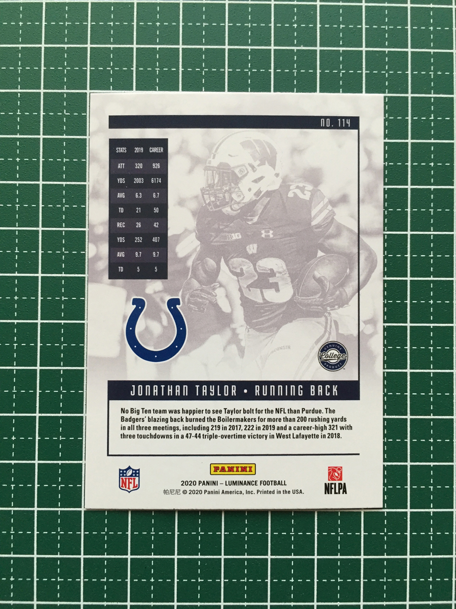 ★PANINI 2020 NFL LUMINANCE #114 JONATHAN TAYLOR［INDIANAPOLIS COLTS］ベースカード「ROOKIES」ルーキー「RC」★_画像2