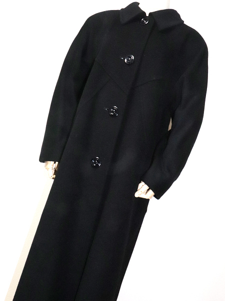 BALENCIAGA バレンシアガ 高級モデル 美良品 カシミヤ MIX フラワー 釦 襟付き シングル ロングコート アウター 黒 女性