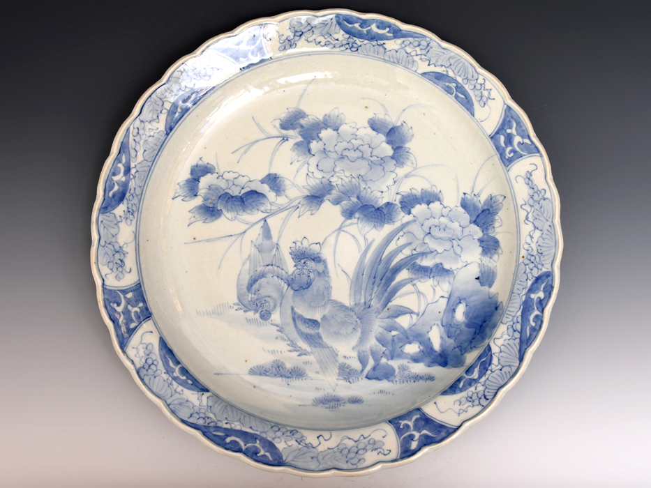 時代 古伊万里染付鶏図大皿 径40㎝オーバー 江戸時代後期 古陶磁器 