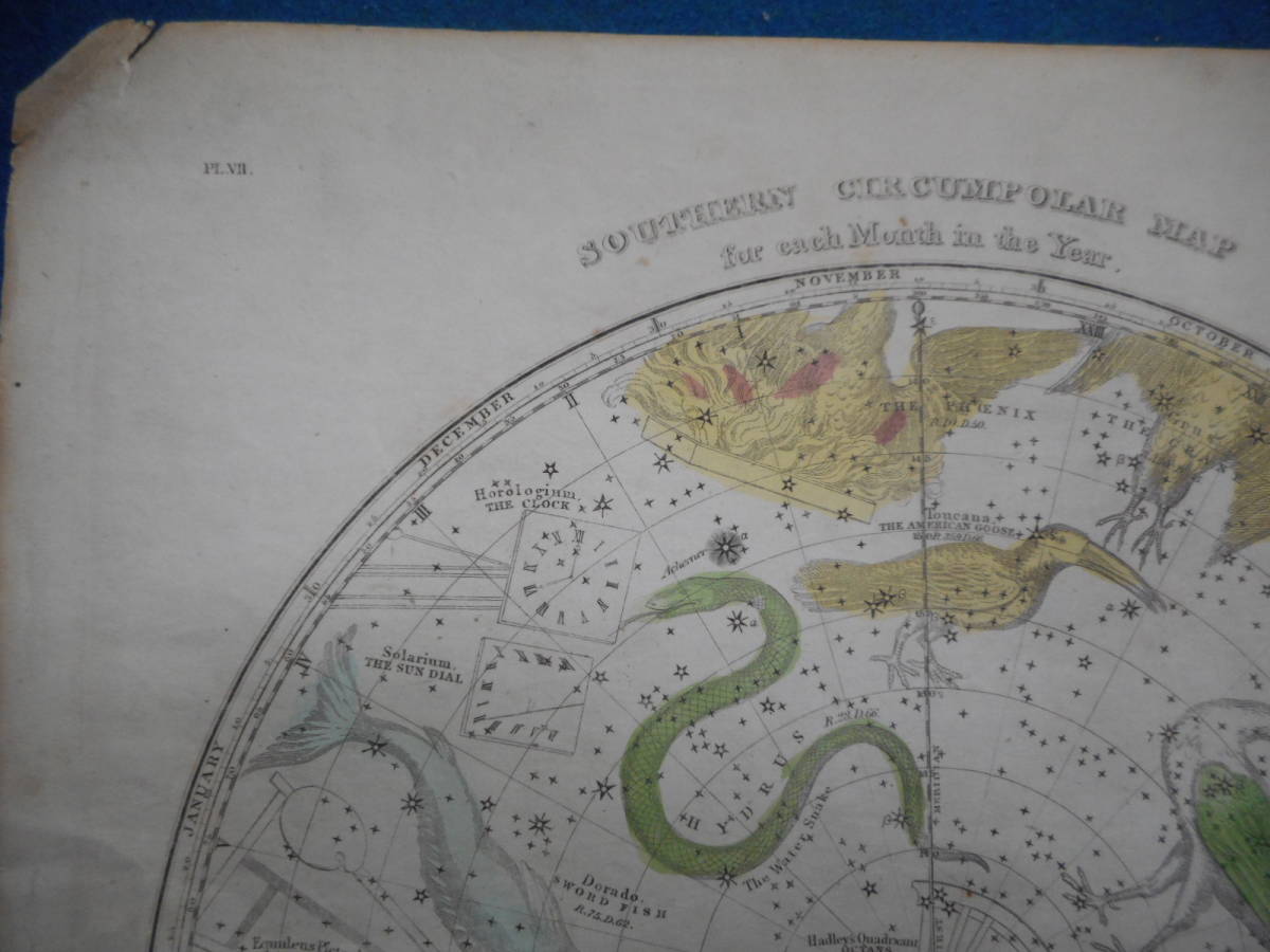 即決　アンティーク、天文、天体、星座早見盤、手彩色銅版画、星図、1835年『バリット星図南天』Star map, Planisphere,  Celestial atlas