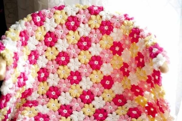  hand made crochet needle braided /. flower motif flower ..* handmade / key braided / knitting * lap blanket / knee ../ sofa cover *
