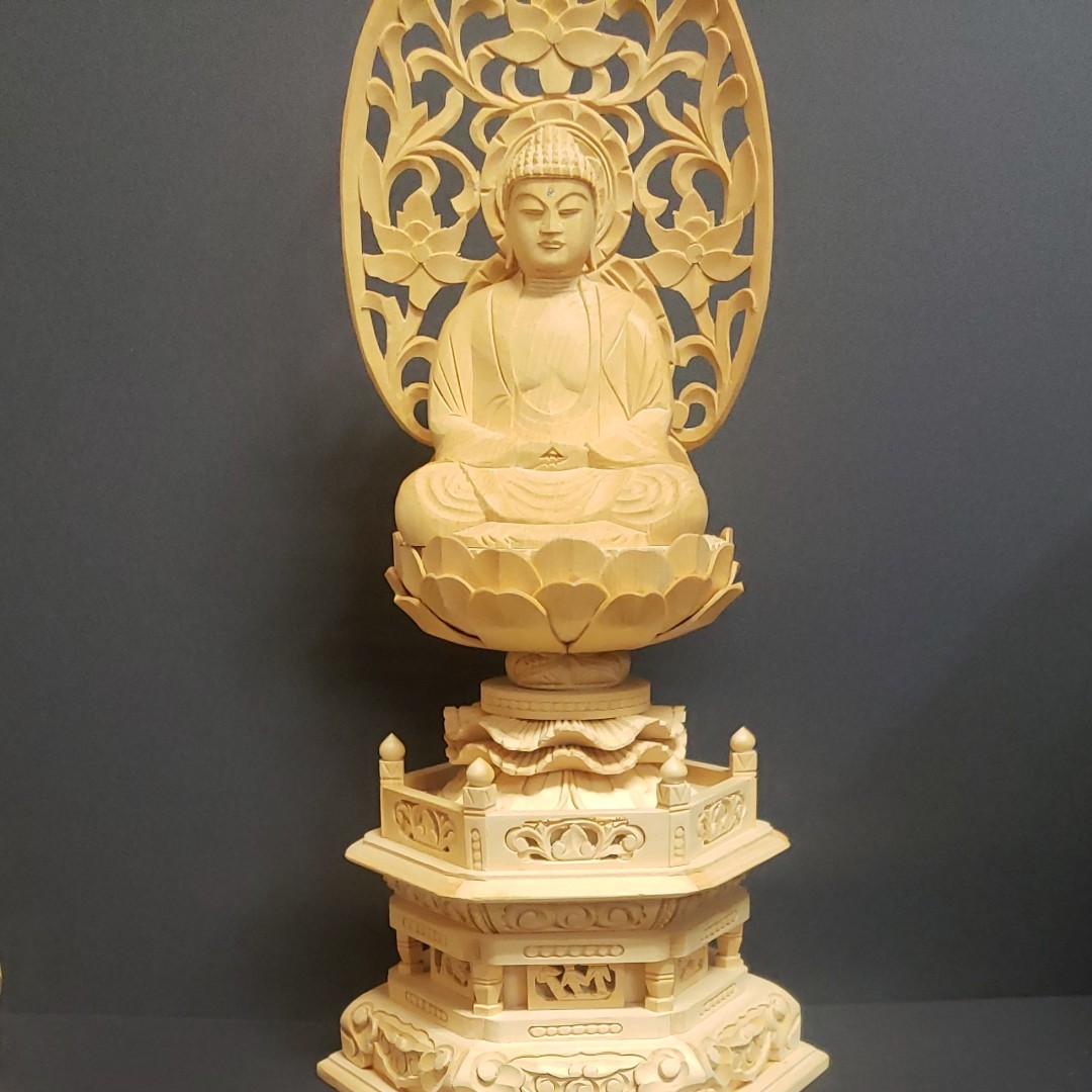 座釈迦   仏像 木彫 本尊  六角座  3.0尺  ①