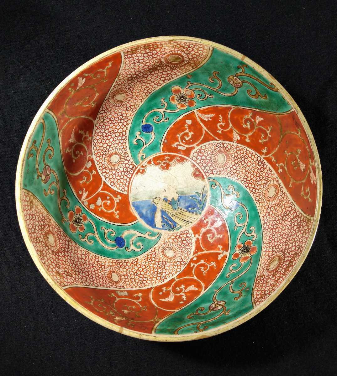 古い九谷 色絵 花唐草 捻り文 川渡し図 21cm 深鉢 箱付 a-46b1145_画像2