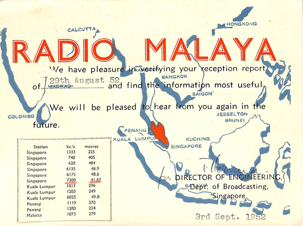 BCL★入手困難★希少ベリカード＋封筒付★ラジオ・マラヤ★RADIO MALAYA.★シンガポール★1952年