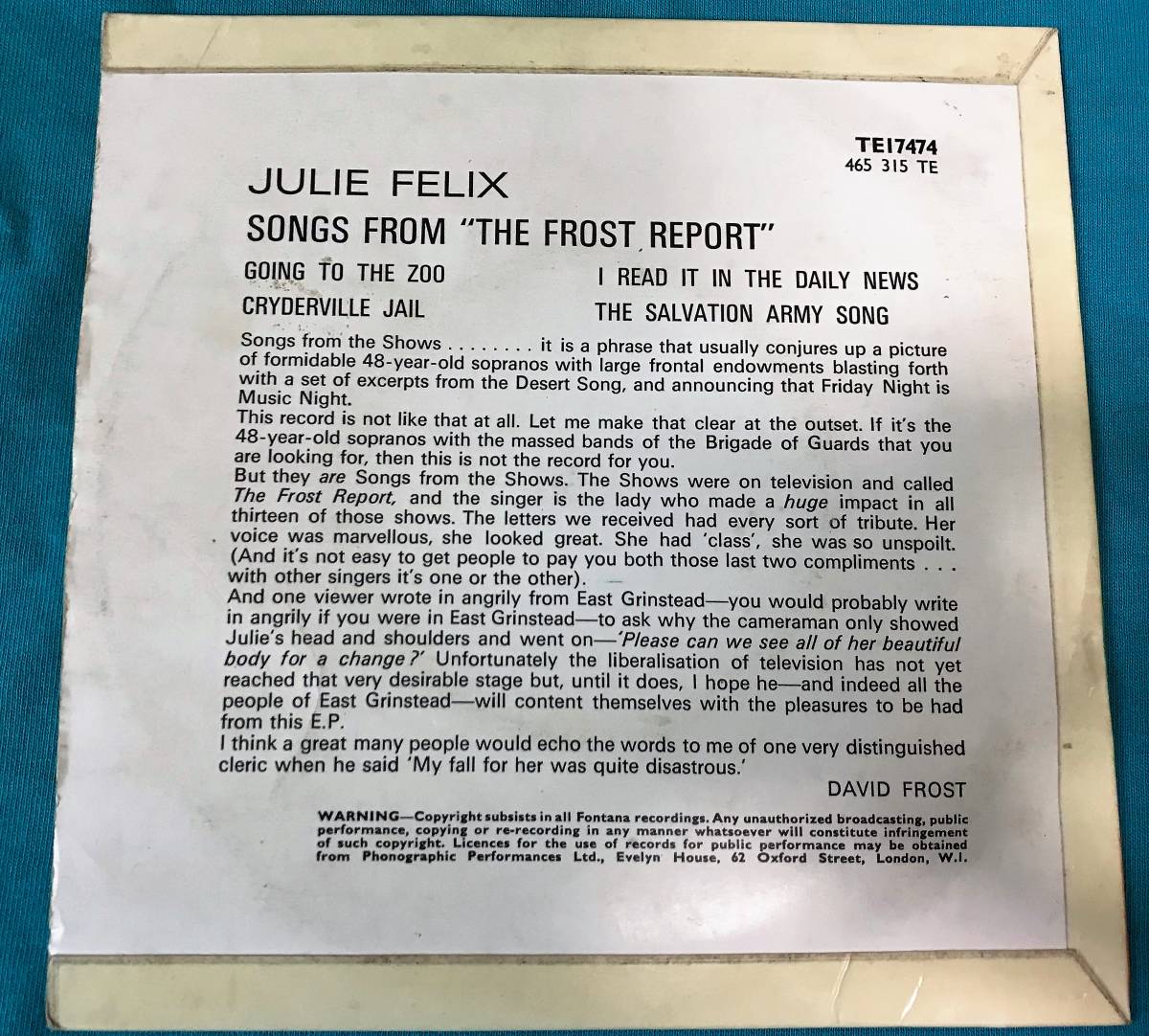 EP●Julie Felix / Songs From The Frost Report UKオリジナル盤TE.17474_画像2