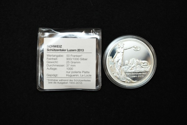 【未使用】スイス ルツェルン 50フラン銀貨 2013 現代射撃祭記念 25g