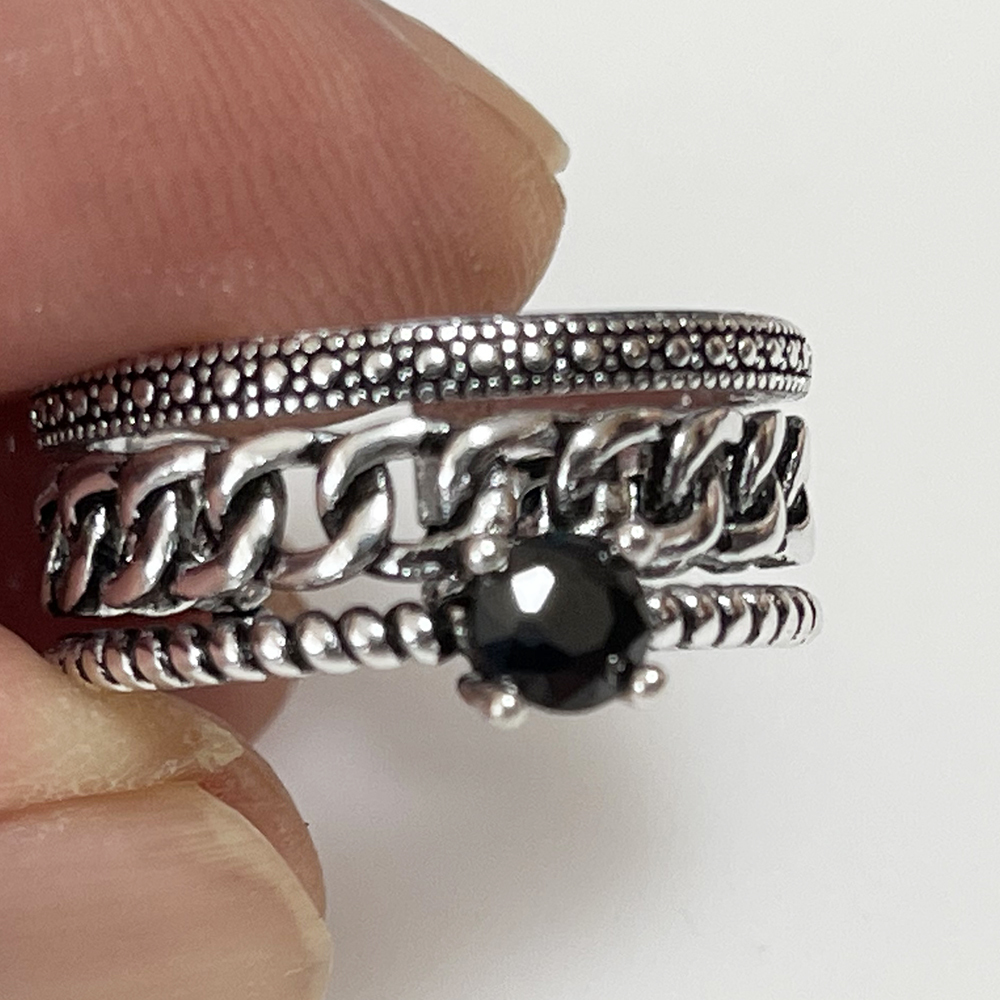 リング レディース 指輪 ブラック クリスタル 幅広 3連 チェーン 多重チェーン フリーサイズ アンティーク