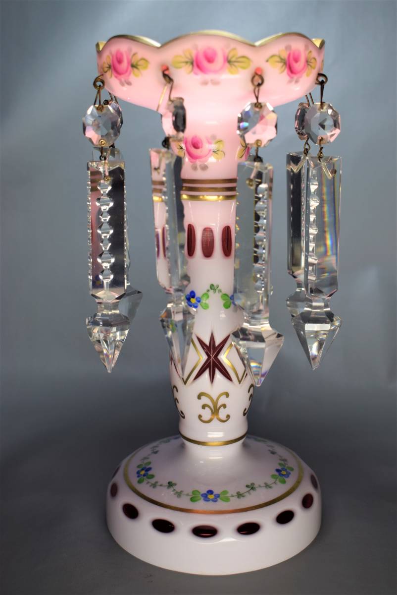 キャンドルスタンド 燭台 ローソク立て クリスタル 花柄 ピンク色　ボヘミア　Bohemia crystal Candle Stand　検: 切子　Moser　モーゼル