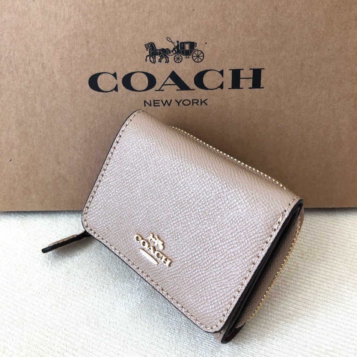 新品★COACH コーチ レザー 三つ折り財布 ベージュ トープ