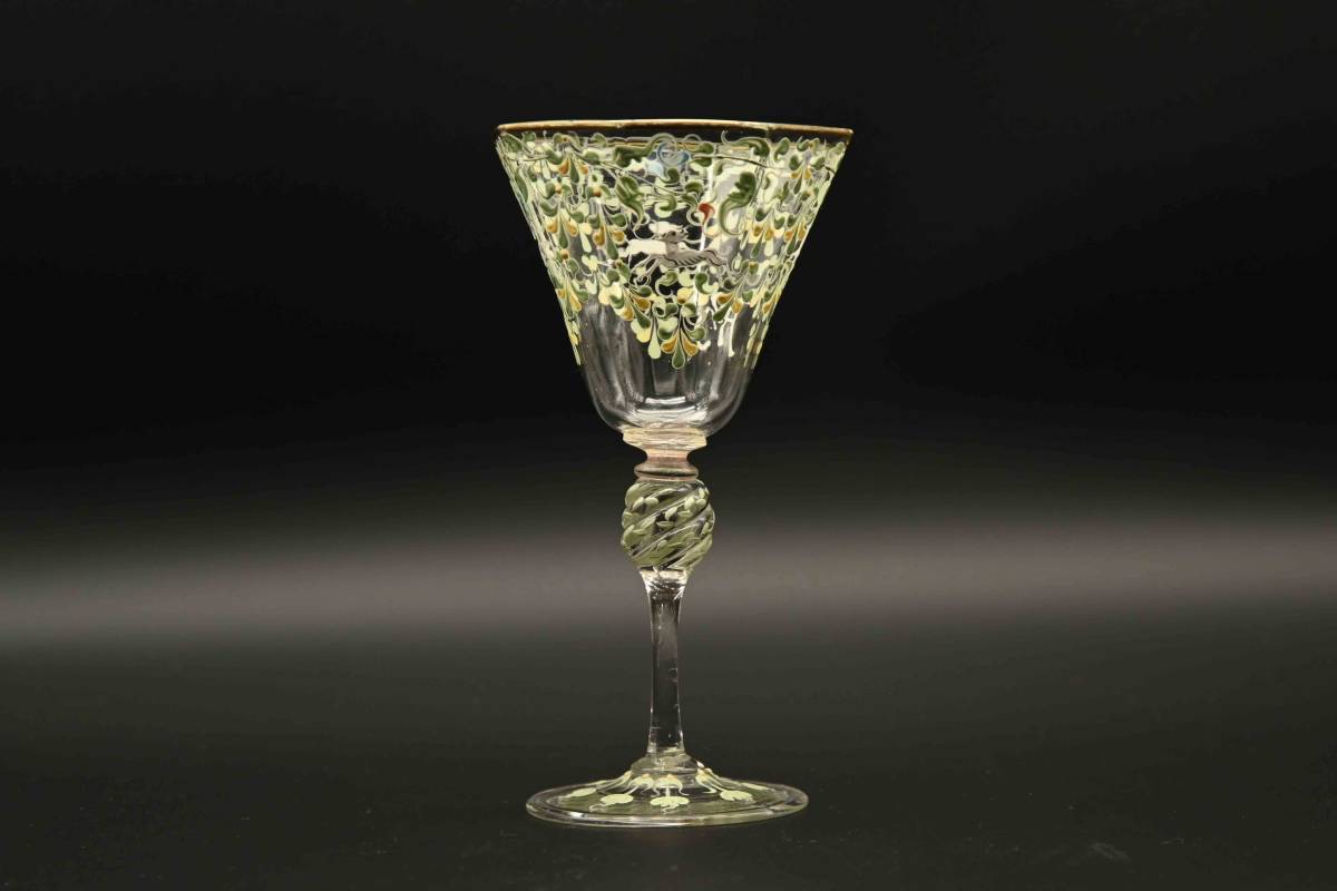 2870a　ヨーロッパ アンティーク　ワイングラス　ヴェネツィアンガラス　エナメル彩　1890年代_画像2