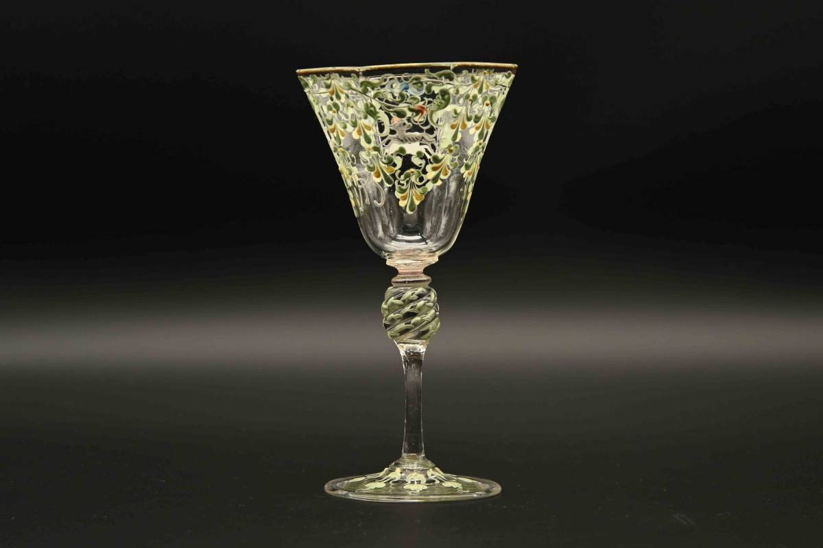 2870a　ヨーロッパ アンティーク　ワイングラス　ヴェネツィアンガラス　エナメル彩　1890年代_画像4