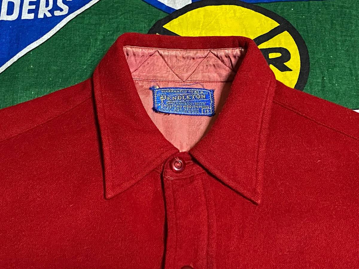 ★印象的な赤が◎な1枚★Made in USA製アメリカ製PENDLETONペンドルトンビンテージウールシャツ50s50年代OLDタグ古タグラウンド丈15Mサイズ_画像4