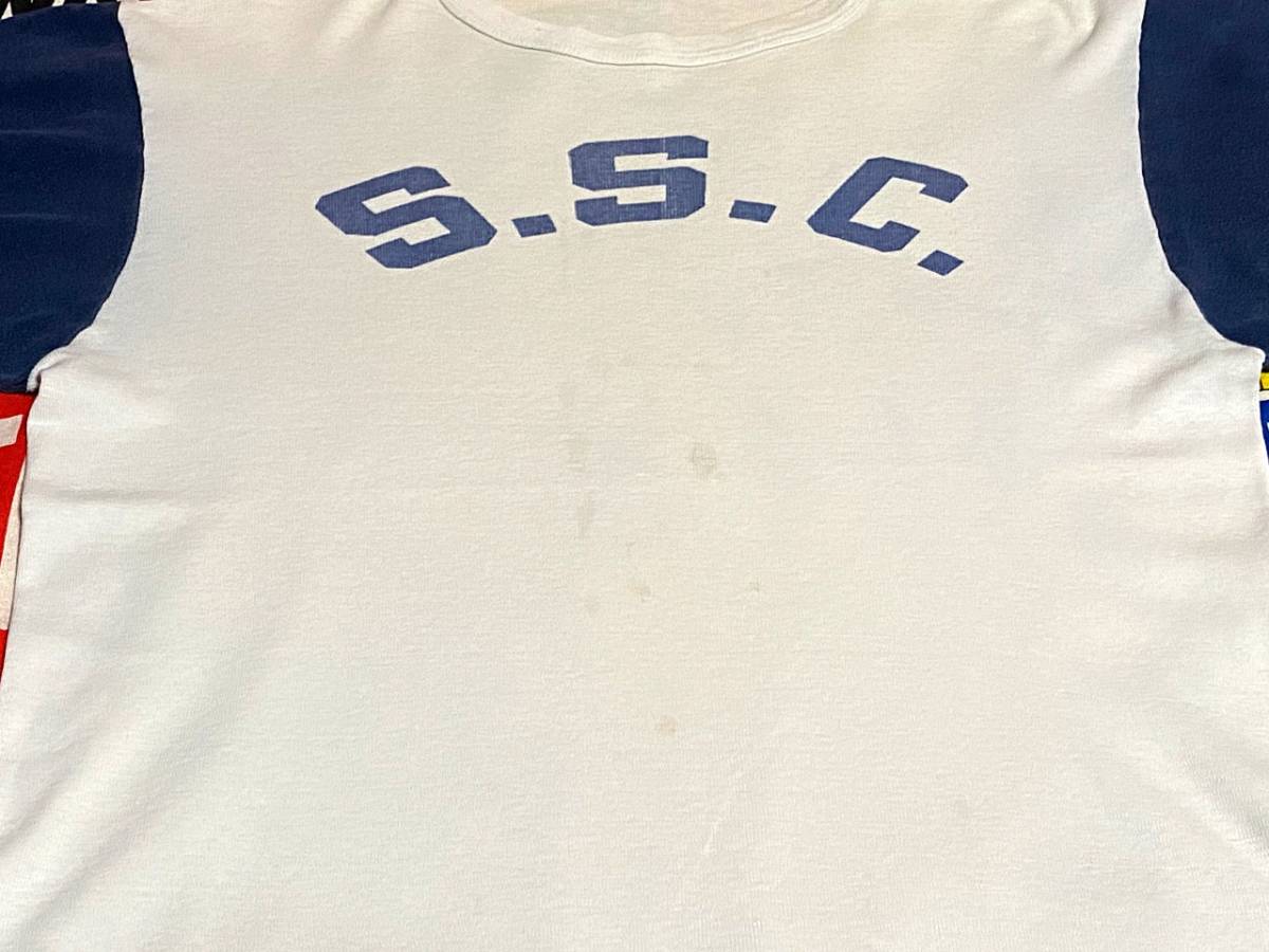 ★シンプルさが◎な1枚★Made in USA製アメリカ製Championチャンピオンビンテージ染み込みカレッジプリントベースボールTシャツ70s70年代M_画像5