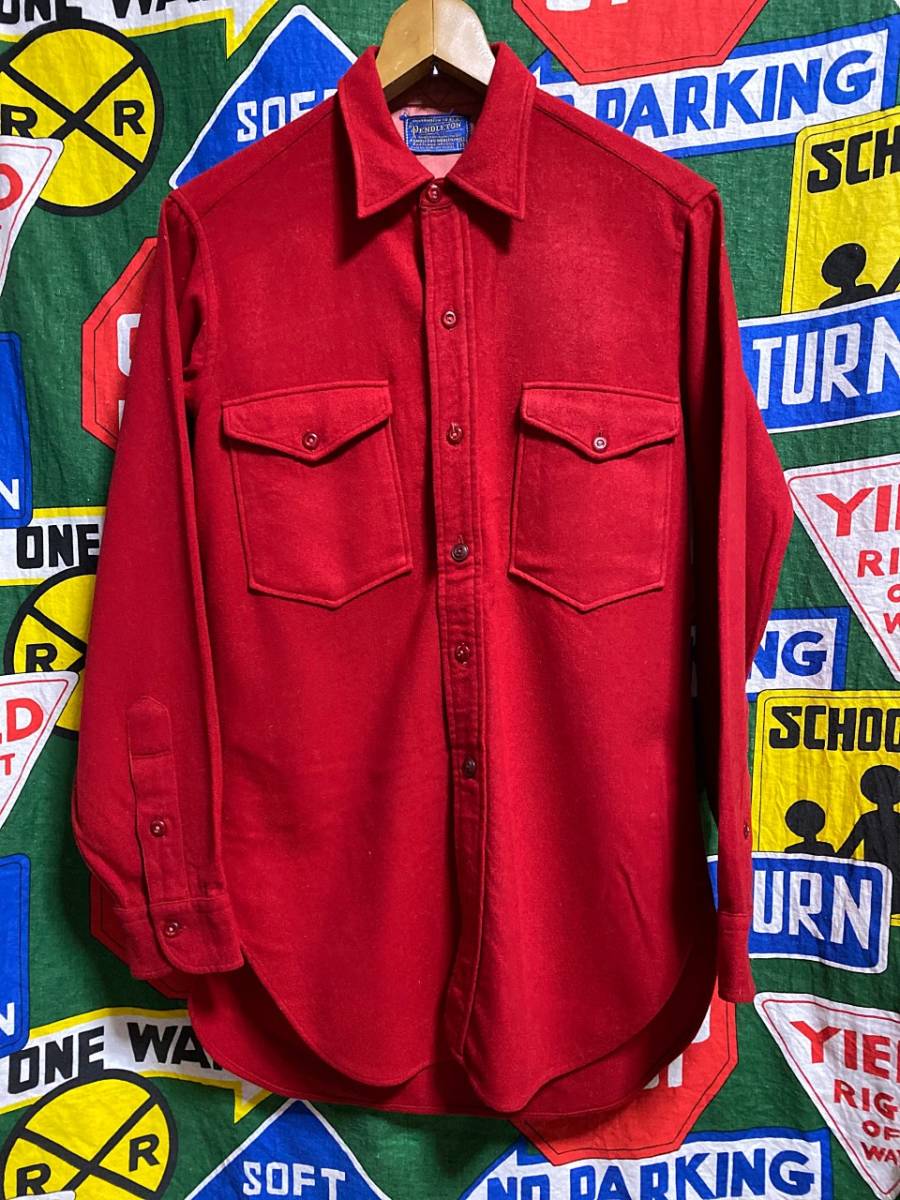 ★印象的な赤が◎な1枚★Made in USA製アメリカ製PENDLETONペンドルトンビンテージウールシャツ50s50年代OLDタグ古タグラウンド丈15Mサイズ_画像2