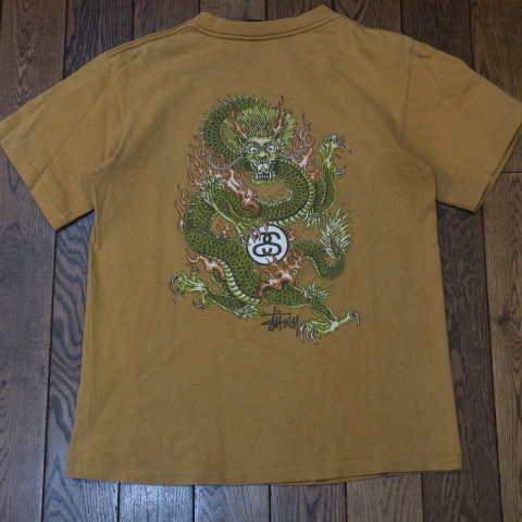 90s USA製 紺タグ STUSSY ドラゴン Tシャツ S マスタード SSリンク ロゴ オールド ステューシー サーフ スケート ヴィンテージ