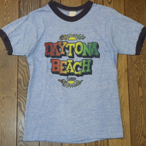 70s USA製 DAYTONA BEACH Florida リンガー Tシャツ S ブルー デイトナビーチ フロリダ スーベニア リゾート イラスト ヴィンテージ_画像2