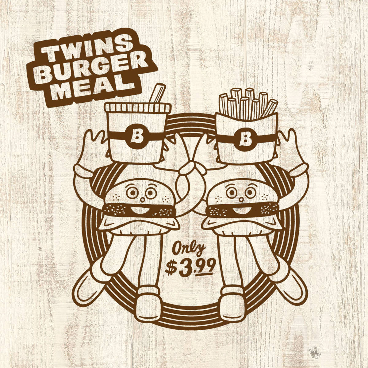 ■TWINS BURGER Tシャツ■Lサイズ（ホワイトxブラウン）　ハンバーガー　ファストフード_画像2