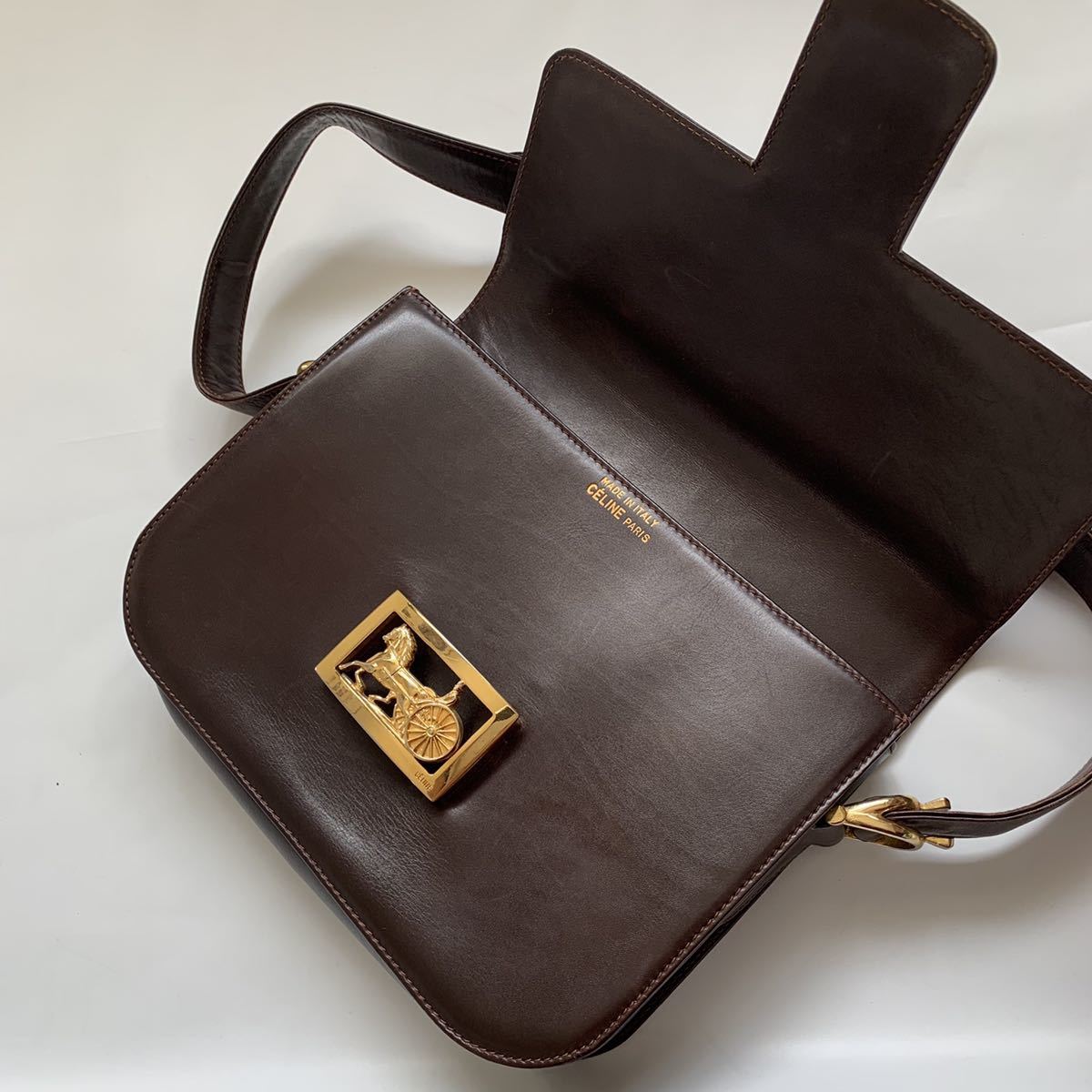 【送料無料】celine セリーヌ レア 馬車 ショルダーバッグ 茶系 ブラウン レザー　斜め掛け　ヴィンテージ　カバン　本革_画像5