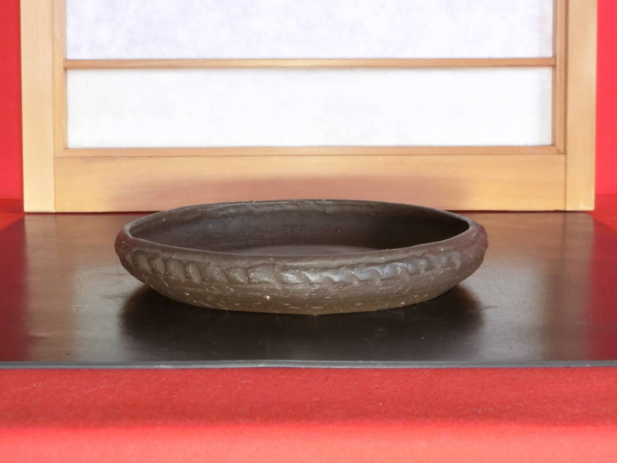 小品盆栽・植木鉢 和鉢 烏泥胴縄丸浅鉢 山草鉢 窯印あり 18 5 小品盆栽・植木鉢 和鉢 烏泥胴縄丸浅鉢 山草鉢 窯印あり 18 5