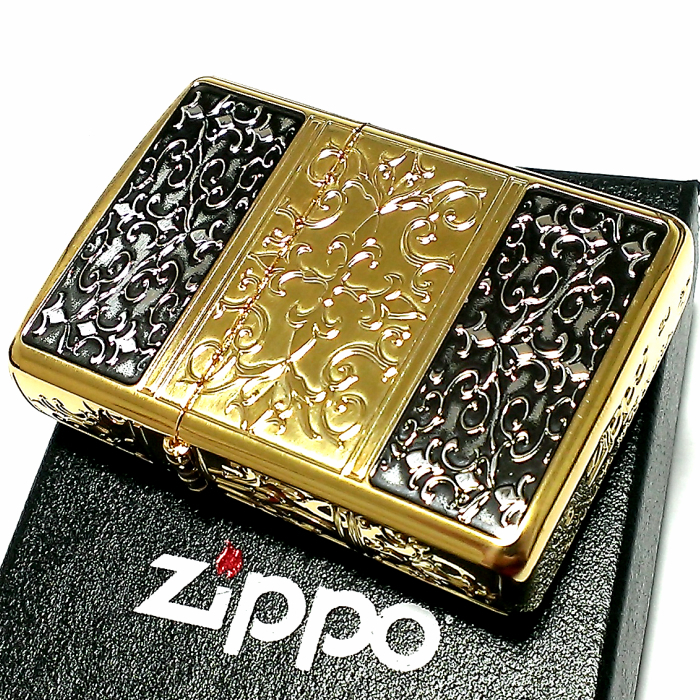 ZIPPO アーマー 5面 アラベスク ゴールド＆ブラック ジッポ ライター 金 黒 かっこいい 5面加工 重厚 メンズ ギフト プレゼント 