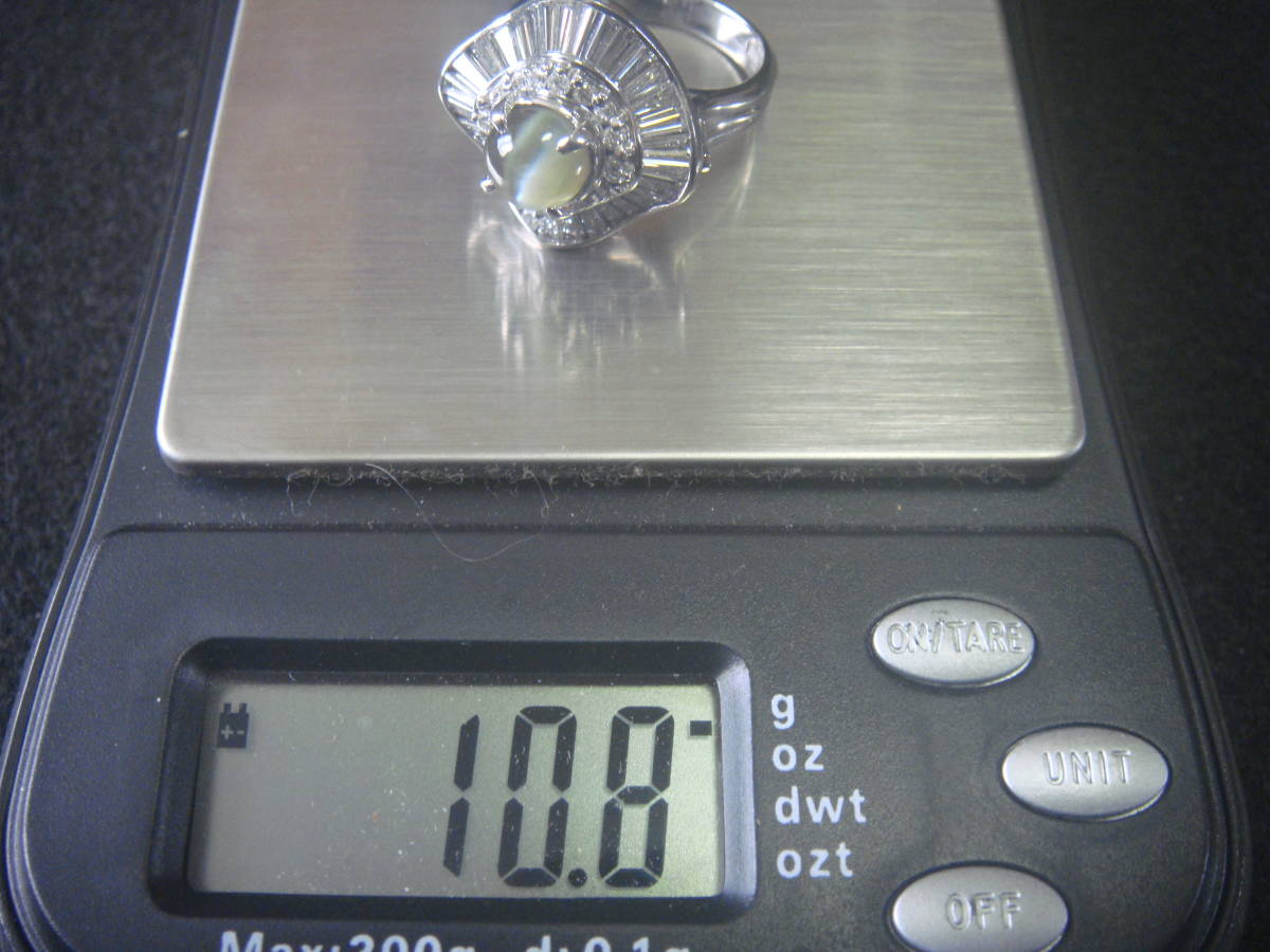 【指輪】超希少 豪華 Pt900 クリソベリルキャッツアイ2.40ct D1.63ct 総重量約10.8ｇ 12号 ※宝石鑑別書付 中古品 全国一律送料870円_画像8