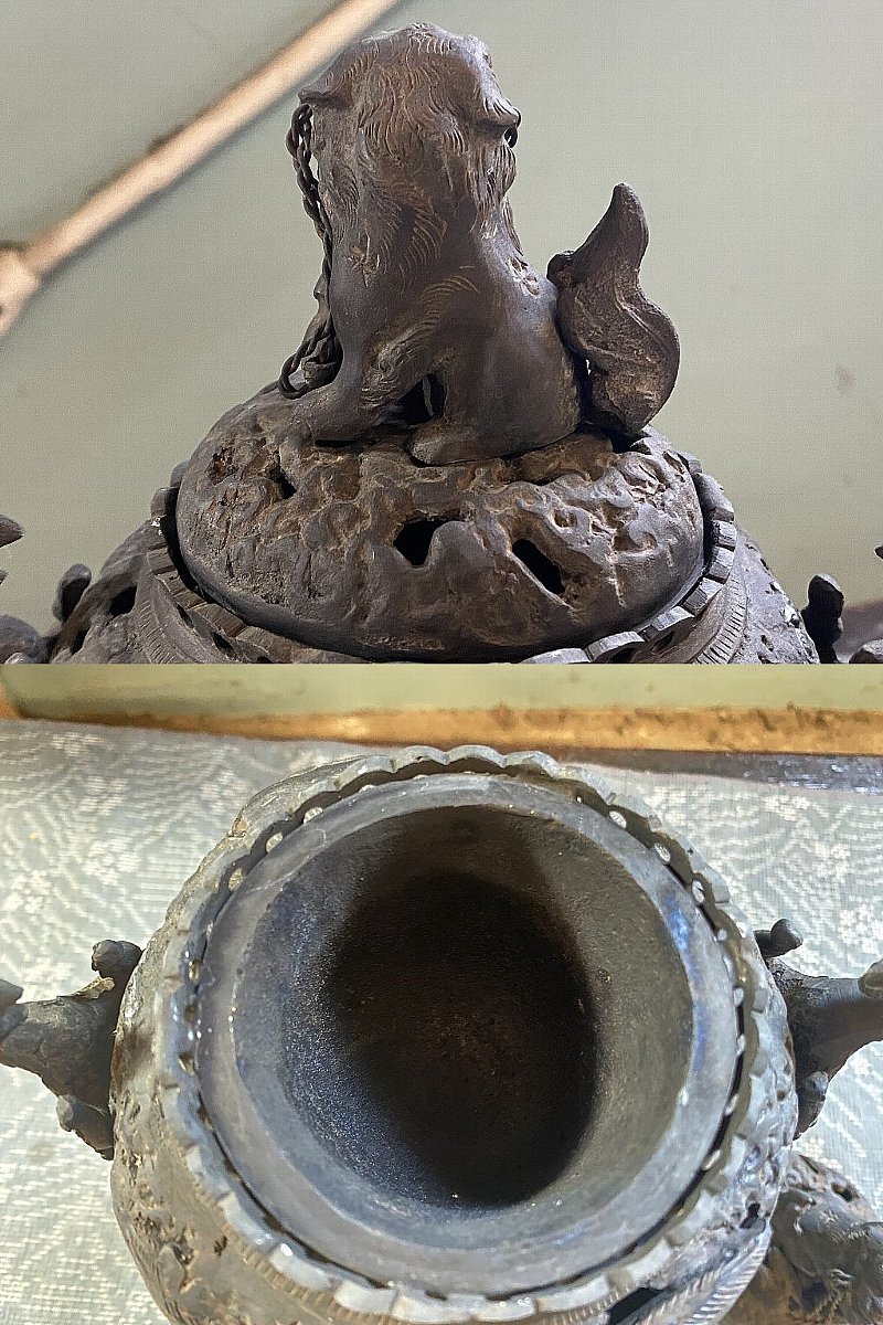 銅製香炉 三つ足 玉獅子摘 唐獅子鳳凰透かし鳳凰耳▽香道具金属工芸