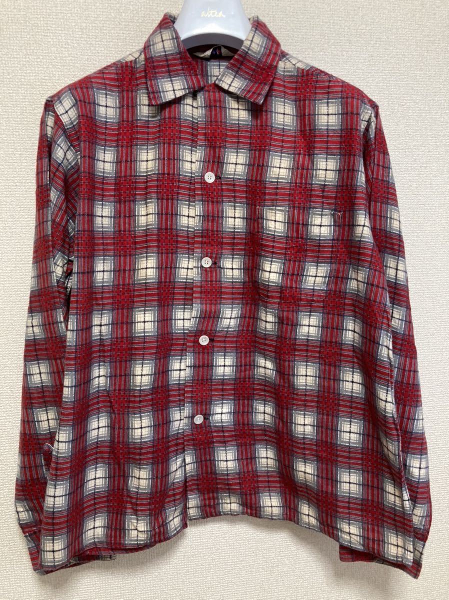 50's USAヴィンテージ プリントネルシャツ オープンカラー プリントネルシャツ チェック BOXシャツ 長袖シャツ FRUIT OF THE LOOM 赤 M