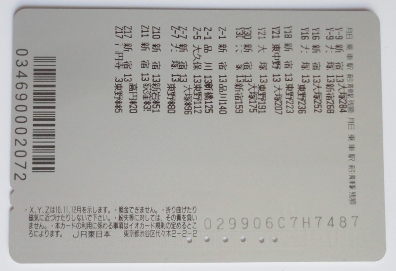 イオカード3000、使用済み　 秋田新幹線こまちE3系、 iO-CARD3000、JR東日本 新宿駅・発券　発行年不明　パンチ穴6孔　送料63円・郵便書簡_裏面