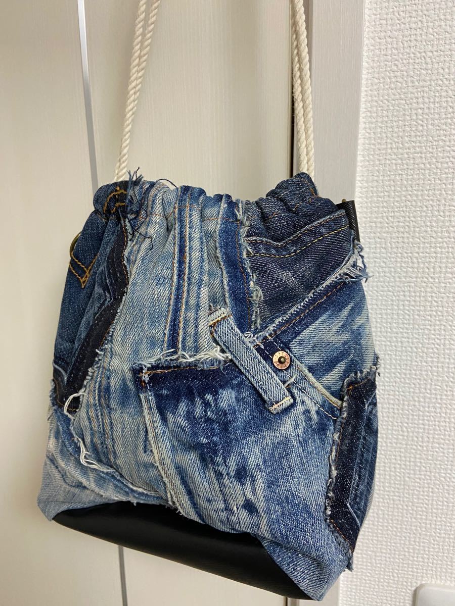 公式通販 ハンドメイド デニムリメイク 巾着バッグ パッチワーク 公式通販 ハンドメイド デニムリメイク 巾着バッグ パッチワーク