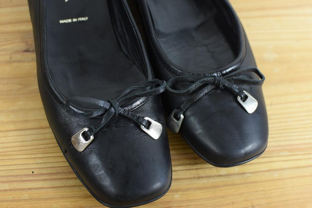 C5778 PRADA プラダ フラットシューズ バレエ パンプス リボン 羊革 ラム レザー ブラック 黒 36 23センチ相当 レディース カジュアル 限定商品通販*送料無料 プラダ 羊革シューズ ブラック PRADA ローファー/革靴